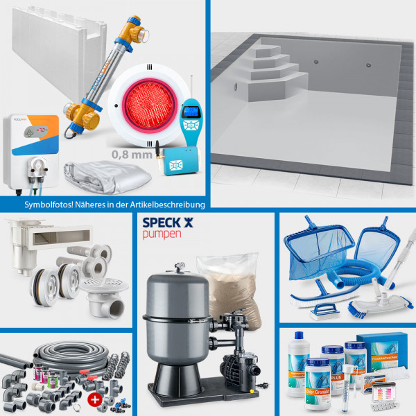 Rechteckpool 6,00 x 3,00 x 1,50 m PERFECT-Set "High Level" | Grau | Unterbautreppe Eck 118 x 118 cm