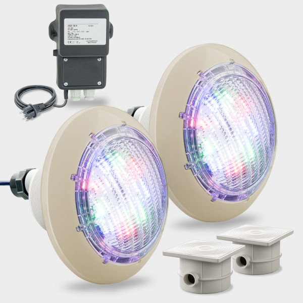 Set 2 x COMPACT-Poolscheinwerfer LED RGB 30 W inkl. Sicherheits-Trafo und Kabeldosen | Blende sand