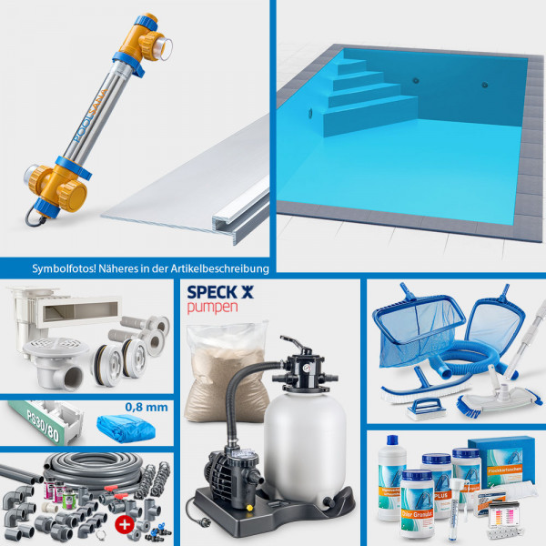 PS30/80-Rechteckpool 7,00x3,50x1,50m PROFI-Set "High Level" | Blau | Unterbautreppe Eck 169x169cm