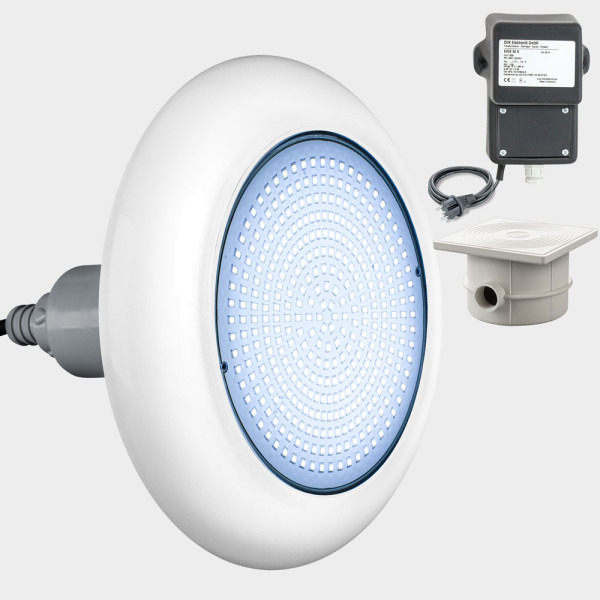 1er-Set mit Trafo und Kabeldose: LED Poolbeleuchtung POOLSANA VARIO 18W Weiß | Blende weiß