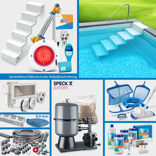 PS30-Rechteckpool SQ 8,00 x 4,00 x 1,50 m | 4D-Folie 0,9 mm blau | PERFECT-Set | Treppe Elegance