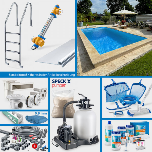 PS30/80-Rechteckpool POOLSANA 7,00 x 3,50 x 1,50 m | 4D-Folie 0,9 mm blau | PROFI-Set "High Level"