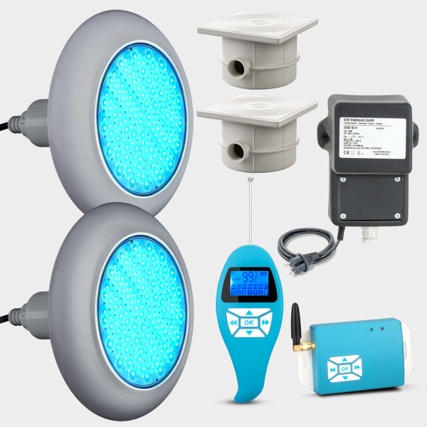 2er-Set mit Trafo + Kabeldosen + FB: LED Poolbeleuchtung POOLSANA VARIO 25W RGB | Blende grau