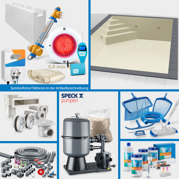 Rechteckpool 8,00 x 4,00 x 1,50 m PERFECT-Set "High Level" | Sand | Unterbautreppe Eck 169 x 169 cm