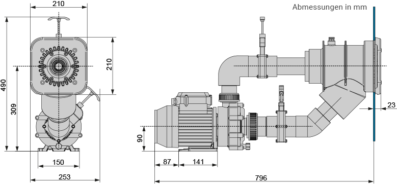 Abmessungen der Einbau-Gegenstromanlage POOLSANA Aqua Flow Jet