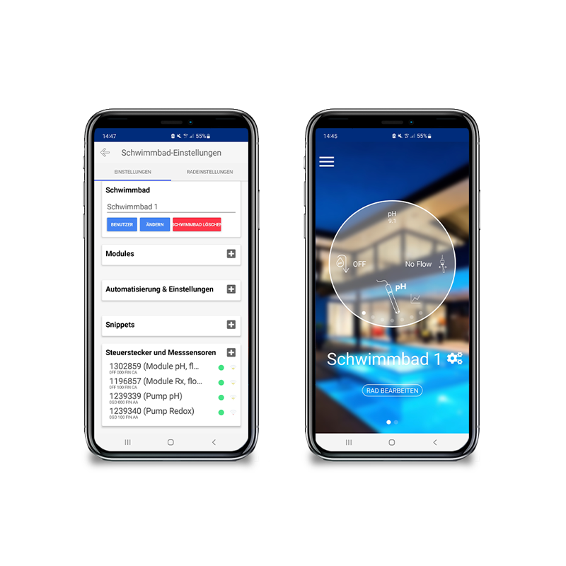 Screenshots der App für die Dosieranlage POOLSANA WiFiPool