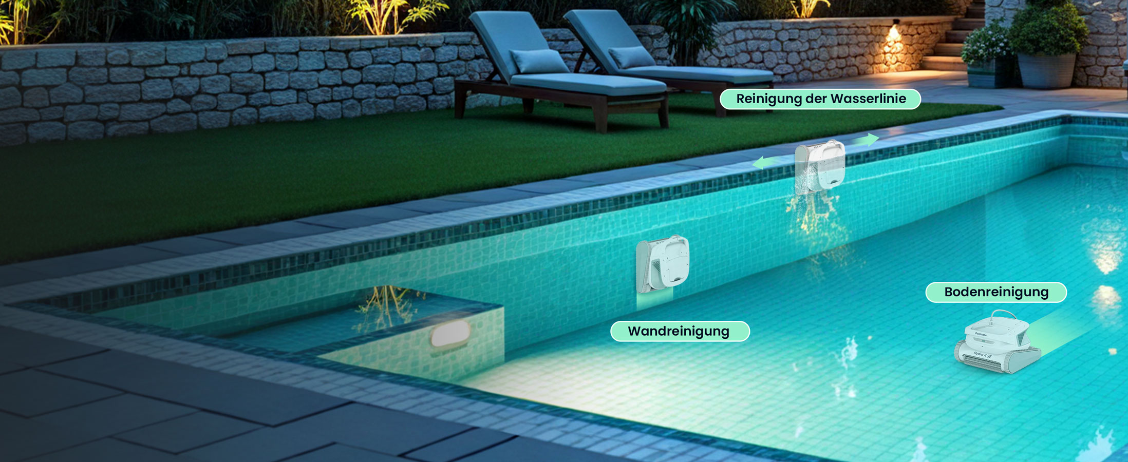 Poolroboter Hydro 4 SE: Bodenreinigung, Wandreinigung sowie Reinigung der Wasserlinie möglich!