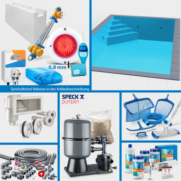 Rechteckpool 7,00 x 3,50 x 1,50 m PERFECT-Set | Blau | Unterbautreppe Eck 169 x 169 cm