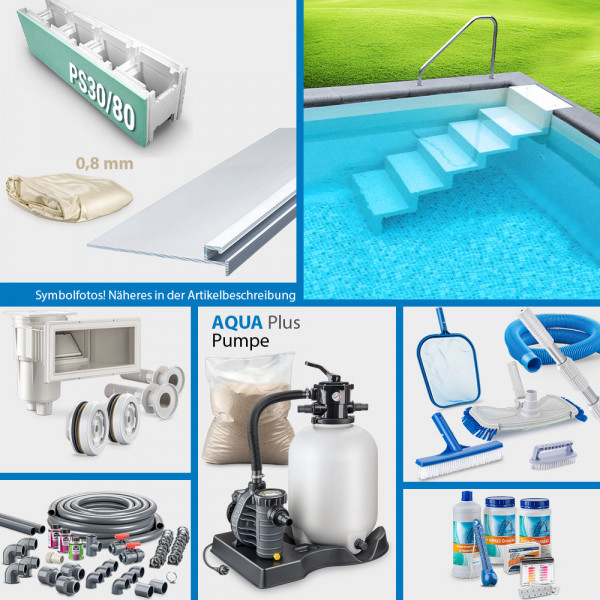 PS30/80-Rechteckpool PS HQ 7,00 x 3,50 x 1,50 m | Sand 0,8 mm | PLUS-Set | Treppe Elegance