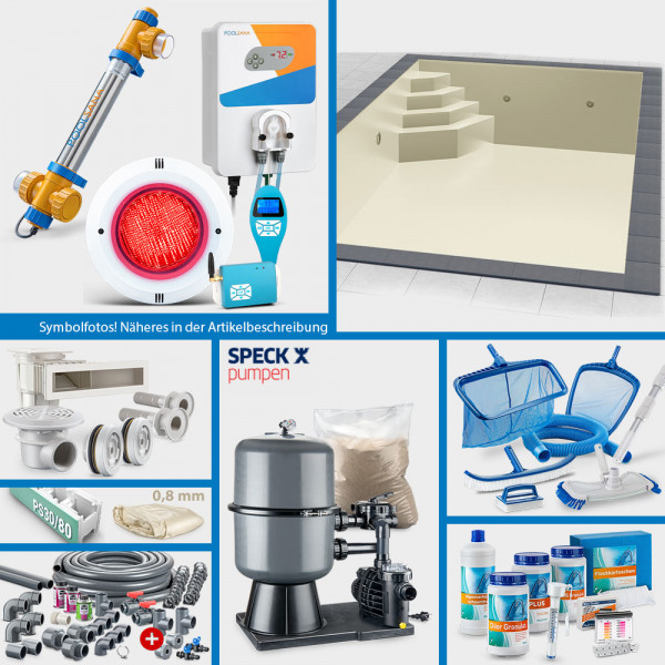 PS30/80-Rechteckpool 8,00x4,00x1,50 m PERFECT-Set "High Level" | Sand | Unterbautreppe Eck 118x118cm