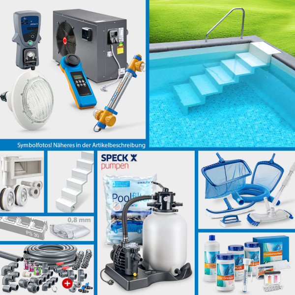 Rechteckpool 5,00 x 3,00 x 1,50 m | Folie grau | PROMO-Set PLATIN mit Einstiegstreppe Elegance