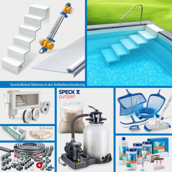 PS30/80-Rechteckpool PS HQ 7,00 x 3,50 x 1,50 m | Sand 0,8 mm | PROFI-Set | Treppe Elegance