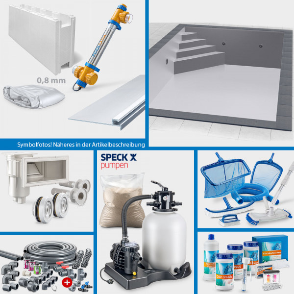 Rechteckpool 7,00 x 3,50 x 1,50 m PROFI-Set | Grau | Unterbautreppe Eck 169 x 169 cm