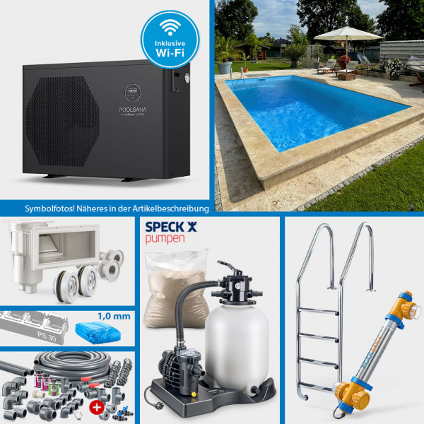 PS30-Rechteckpool POOLSANA SQ 6,00 x 3,00 x 1,50 m | Folie blau 1,0 mm | PROFI-Set "HEAT"