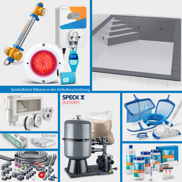 PS30/80-Rechteckpool 8,00 x 4,00 x 1,50 m PERFECT-Set | Grau | Unterbautreppe Eck 169 x 169 cm