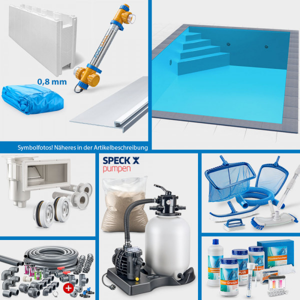 Rechteckpool 8,00 x 4,00 x 1,50 m PROFI-Set | Blau | Unterbautreppe Eck 169 x 169 cm