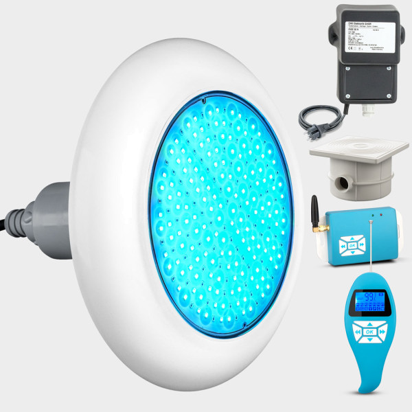 1er-Set mit Trafo + Kabeldose + FB: LED Poolbeleuchtung POOLSANA VARIO 25W RGB | Blende weiß