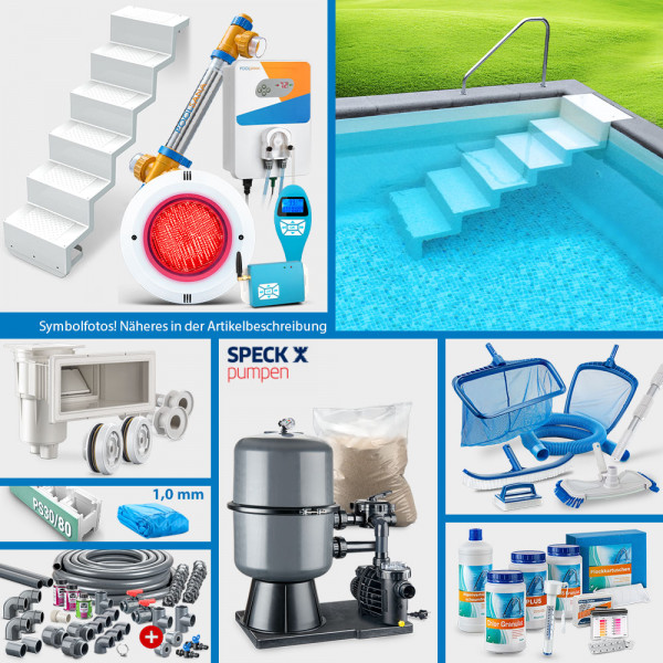 PS30/80-Rechteckpool PS HQ 7,00 x 3,50 x 1,50 m | Blau 1,0 mm | PERFECT-Set | Treppe Elegance