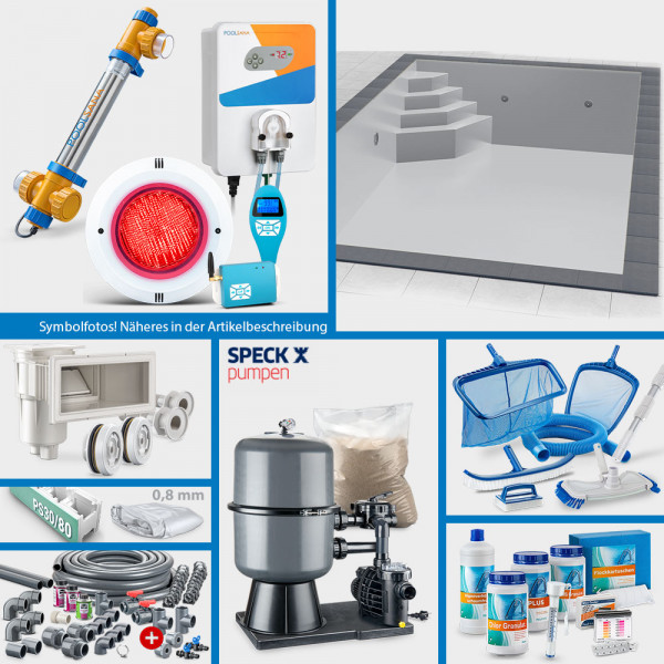 PS30/80-Rechteckpool 6,00 x 3,00 x 1,50 m PERFECT-Set | Grau | Unterbautreppe Eck 118 x 118 cm