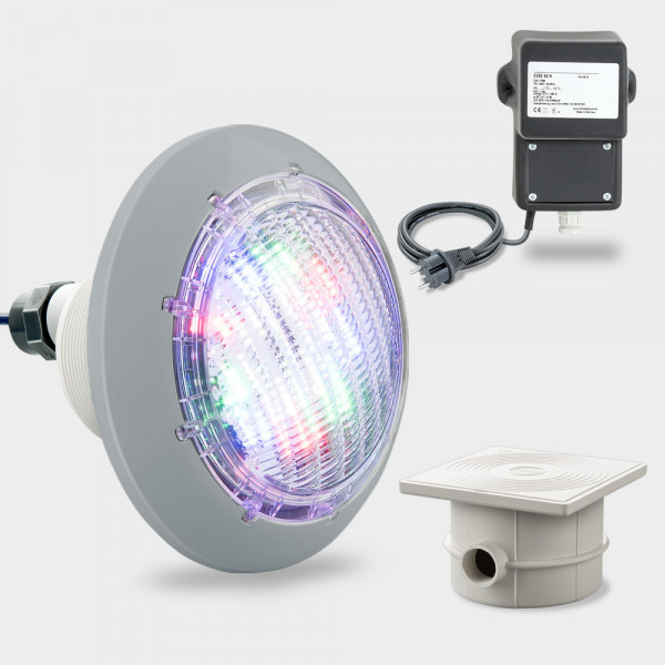 Set 1 x COMPACT-Poolscheinwerfer LED RGB 30 W inkl. Sicherheits-Trafo und Kabeldose | Blende grau