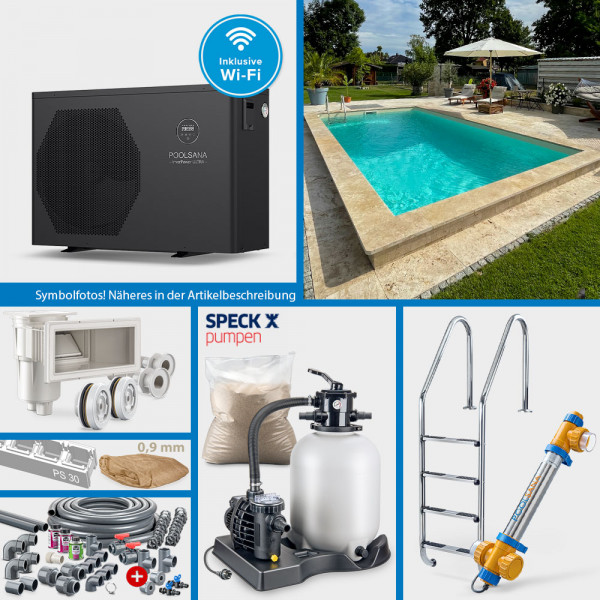 PS30-Rechteckpool POOLSANA 7,00 x 3,50 x 1,50 m | 4D-Folie 0,9 mm sand | PROFI-Set "HEAT"