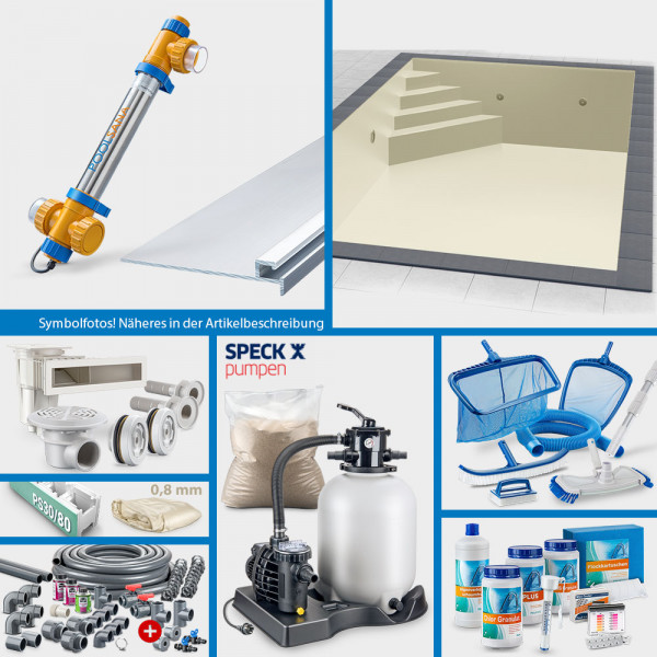 PS30/80-Rechteckpool 7,00x3,50x1,50m PROFI-Set "High Level" | Sand | Unterbautreppe Eck 169x169cm