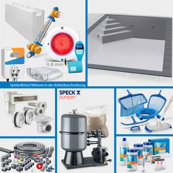 Rechteckpool 8,00 x 4,00 x 1,50 m PERFECT-Set "High Level" | Grau | Unterbautreppe Eck 169 x 169 cm