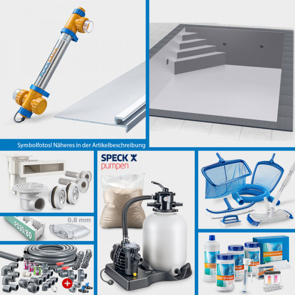 PS30/80-Rechteckpool 7,00x3,50x1,50m PROFI-Set "High Level" | Grau | Unterbautreppe Eck 169x169cm