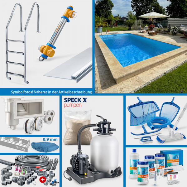 POOLSANA Rechteckpool 6,00 x 3,00 x 1,50 m | 4D-Folie 0,9 mm blau | PROFI-Set