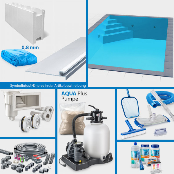 Rechteckpool 8,00 x 4,00 x 1,50 m PLUS-Set | Blau | Unterbautreppe Eck 169 x 169 cm