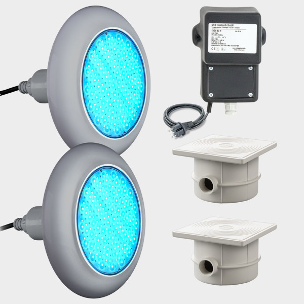 2er-Set mit Trafo und Kabeldosen: LED Poolbeleuchtung POOLSANA VARIO 25W RGB | Blende grau