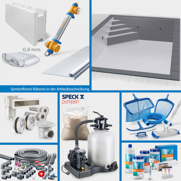 Rechteckpool 7,00 x 3,50 x 1,50 m PROFI-Set "High Level" | Grau | Unterbautreppe Eck 169 x 169 cm